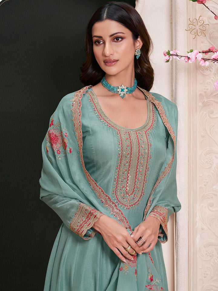 Embroidered Art Silk Unstitched Suit With Pant &amp; Dupatta
