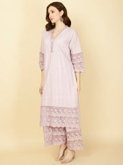 Thread Embroidery Cotton Kurta With Pants