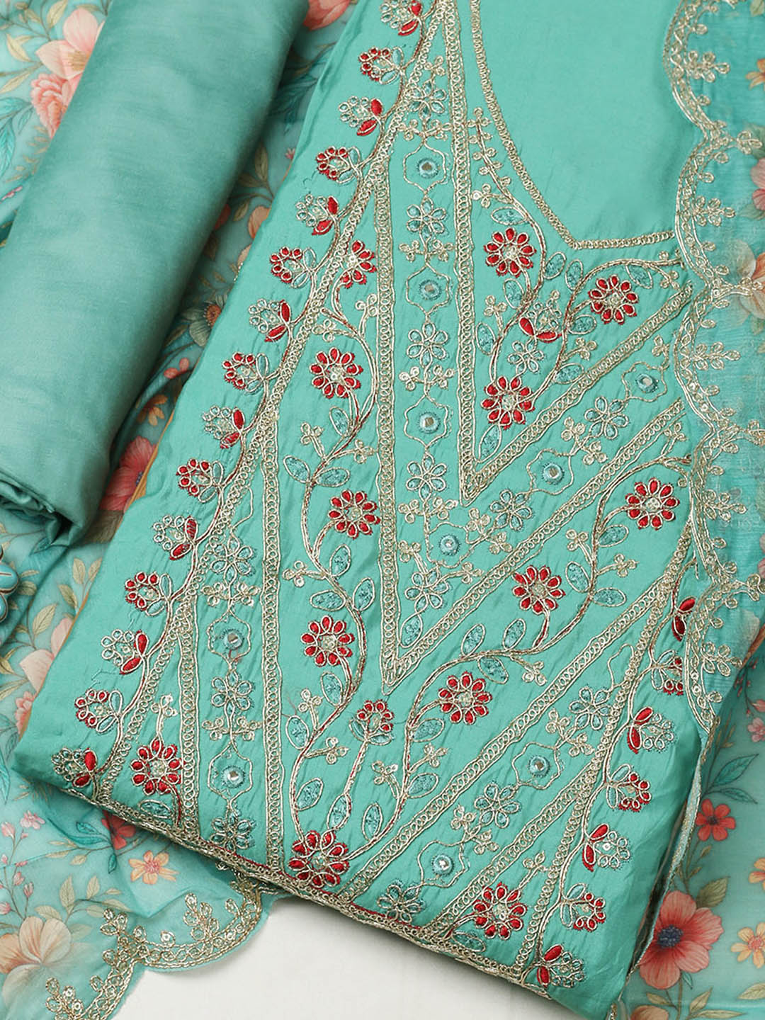 Embroidered Chanderi Unstitched Suit With Pant &amp; Dupatta