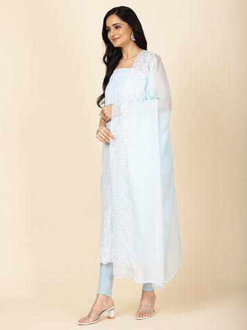 Schiffli Embroidery Linen Unstitched Suit With Dupatta