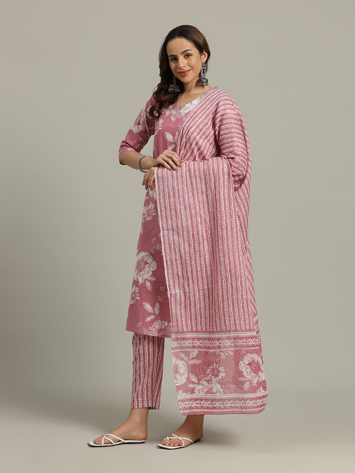 Floral Parinted Cotton Blend Kurta With Pants &amp; Dupatta