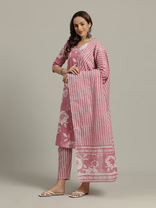 Floral Parinted Cotton Kurta With Pants & Dupatta