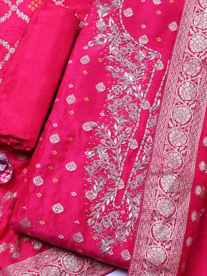Embroidered Chanderi Unstitched Suit With Pant &amp; Dupatta