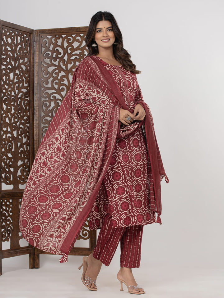 Maroon Embroidered Cotton Blend Straight Suit Set With Dupatta