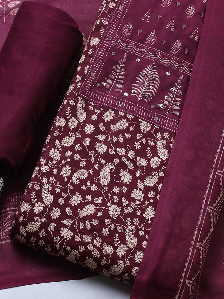 Printed Cotton Blend Unstitched Suit With Pant &amp; Dupatta