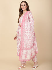 Floral Block Printed Cotton Kurta With Pants & Dupatta