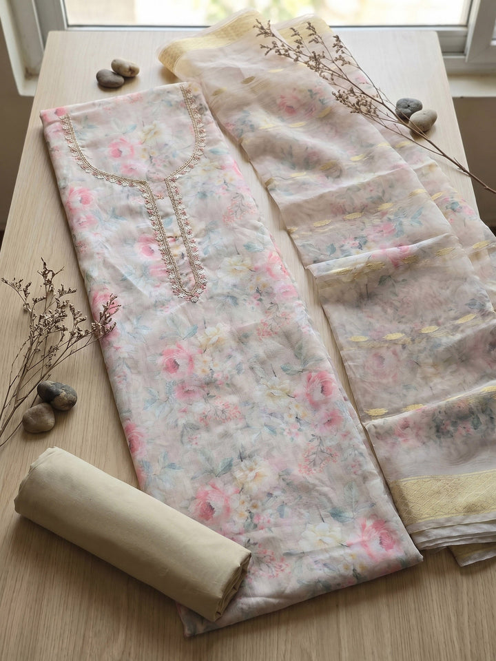 Neck Embroidered Chanderi Unstitched Suit With Dupatta