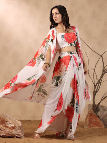 Printed Crepe Cape And Dhoti Skirt Set