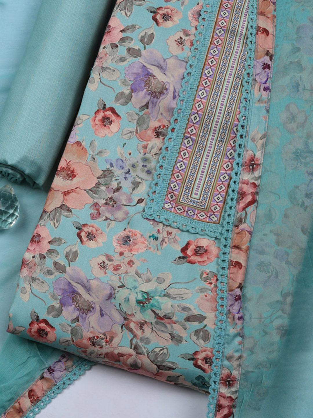 Embroidered Cotton Blend Unstitched Suit With Pant &amp; Dupatta