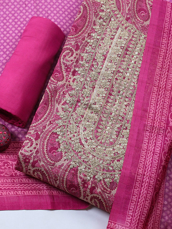 Embroidered Cotton Blend Unstitched Suit With Pant &amp; Dupatta