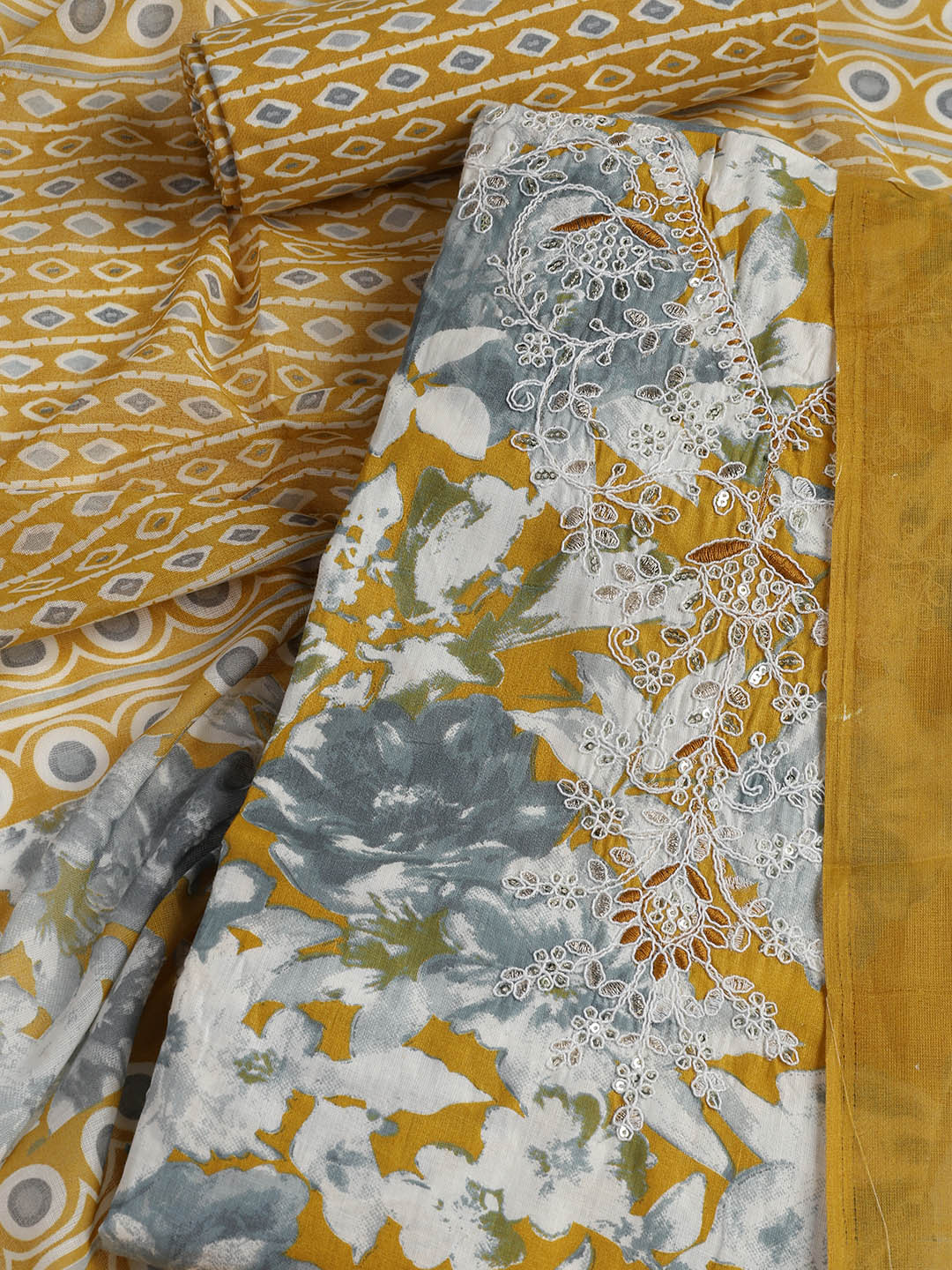 Printed Cotton Blend Unstitched Suit With Dupatta
