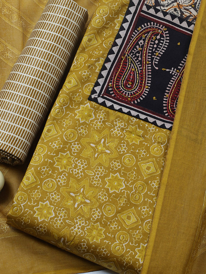 Printed Cotton Blend Unstitched Suit With Pant &amp; Dupatta