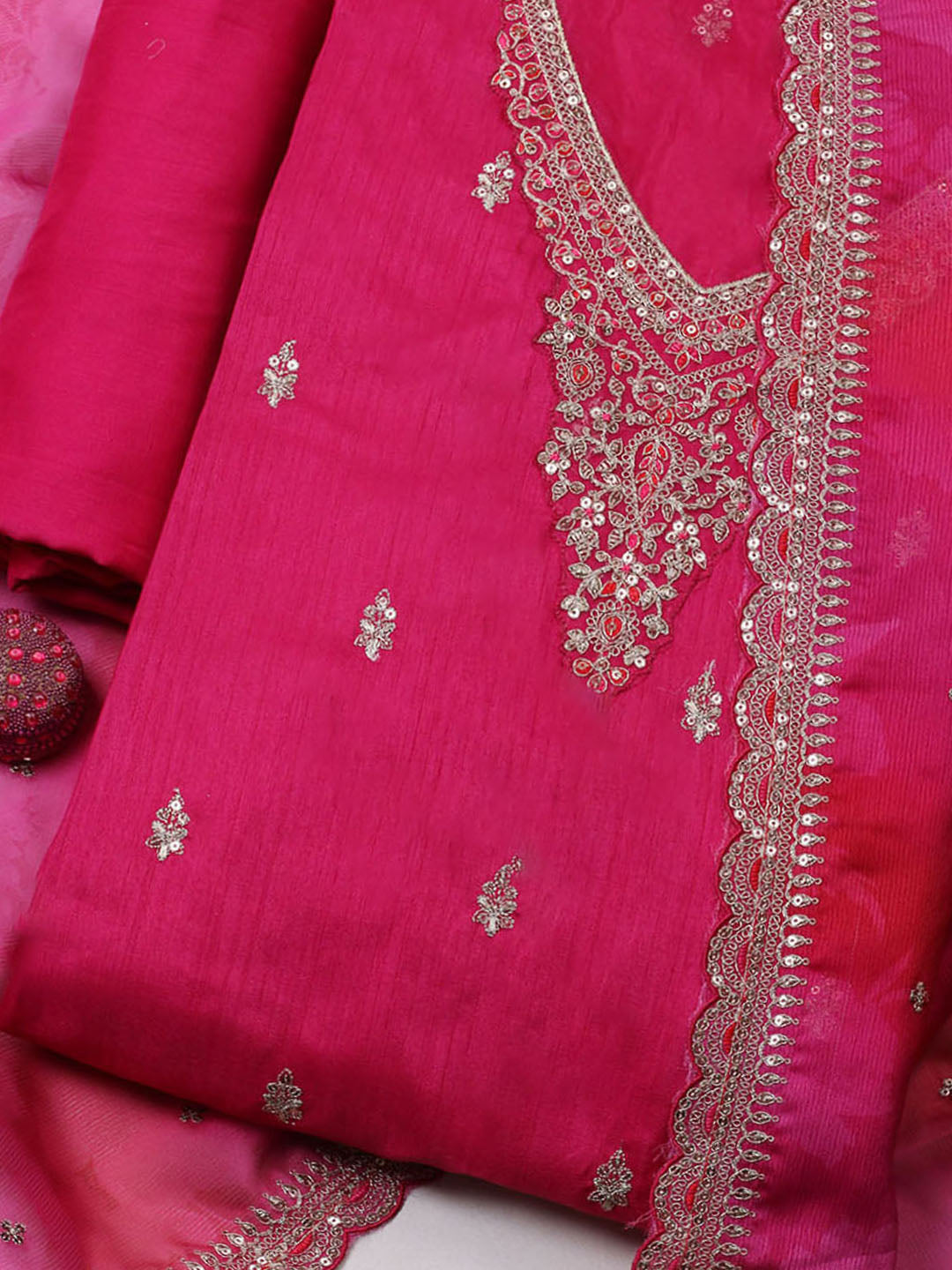 Embroidered Art Silk Unstitched Suit With Pant &amp; Dupatta