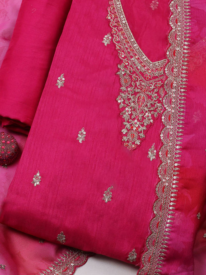 Embroidered Art Silk Unstitched Suit With Pant &amp; Dupatta