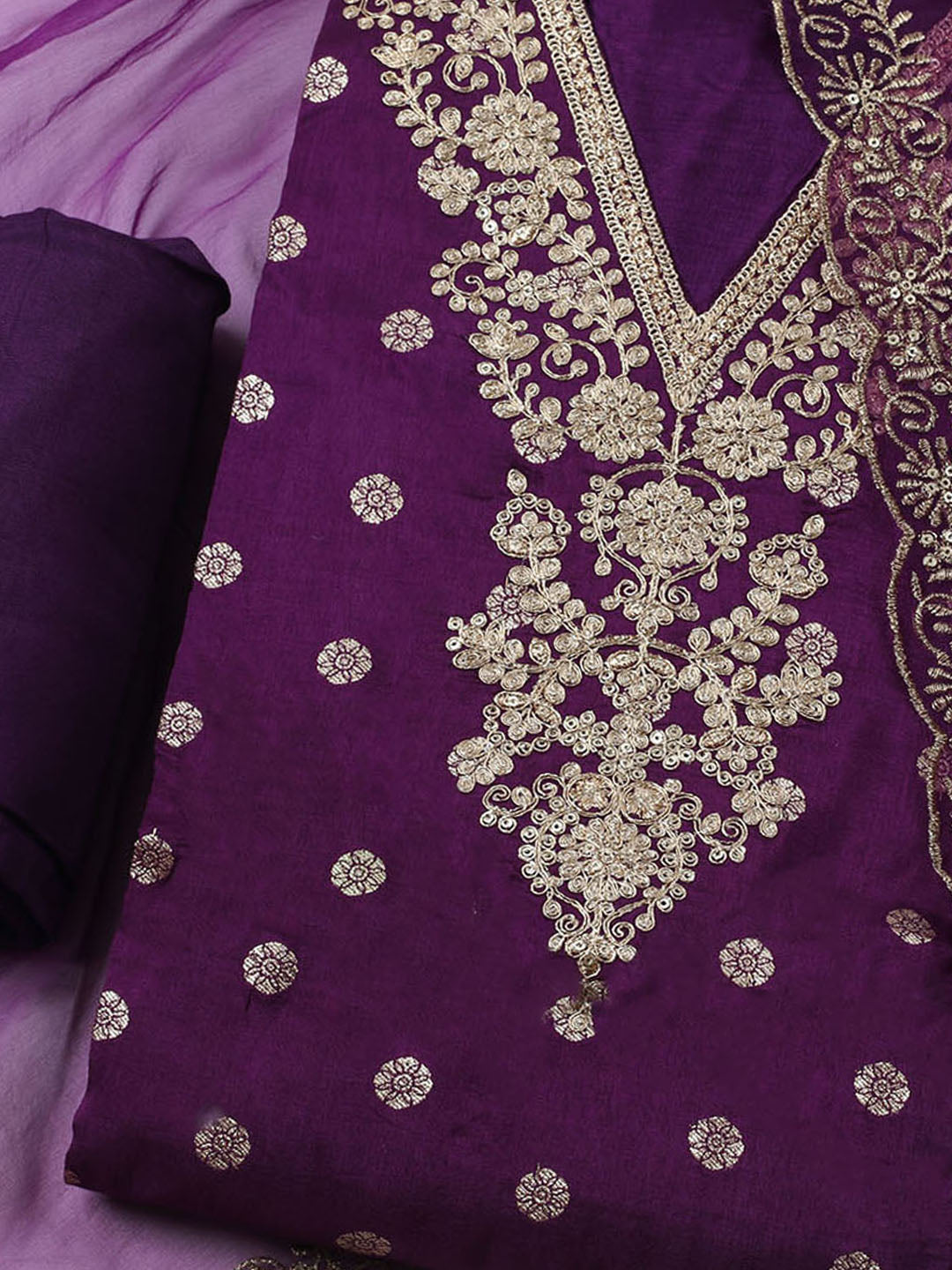 Embroidered Chanderi Unstitched Kurta With Pant &amp; Dupatta