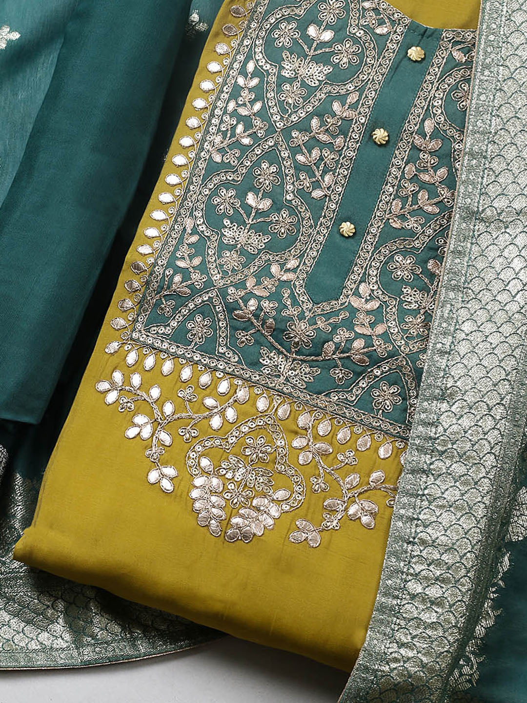 Embroidered Chanderi Unstitched Suit With Pant &amp; Dupatta