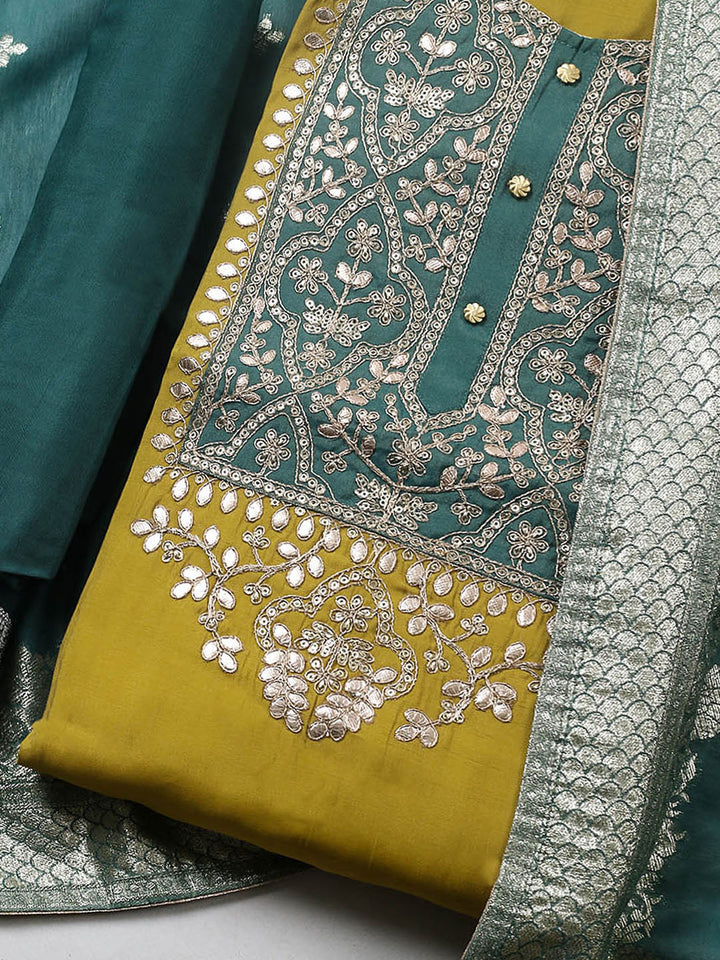 Embroidered Chanderi Unstitched Suit With Pant &amp; Dupatta