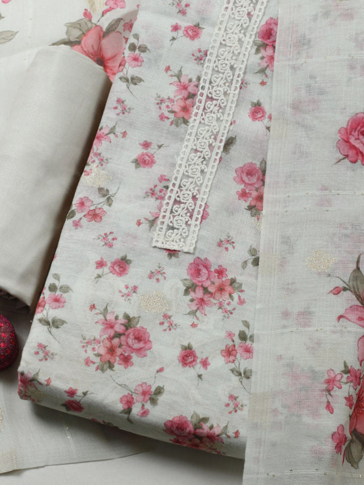 Embroidered Linen Blend Unstitched Suit With Pant &amp; Dupatta