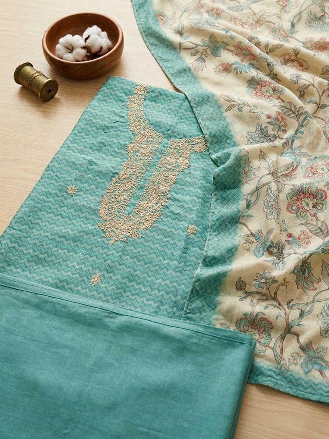 Embroidered Chanderi Unstitched Suit With Pant &amp; Dupatta