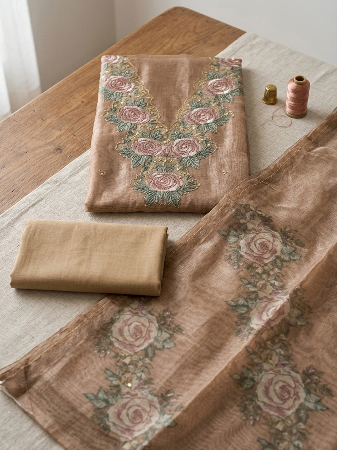 Embroidered Tissue Unstitched Suit With Pant &amp; Dupatta