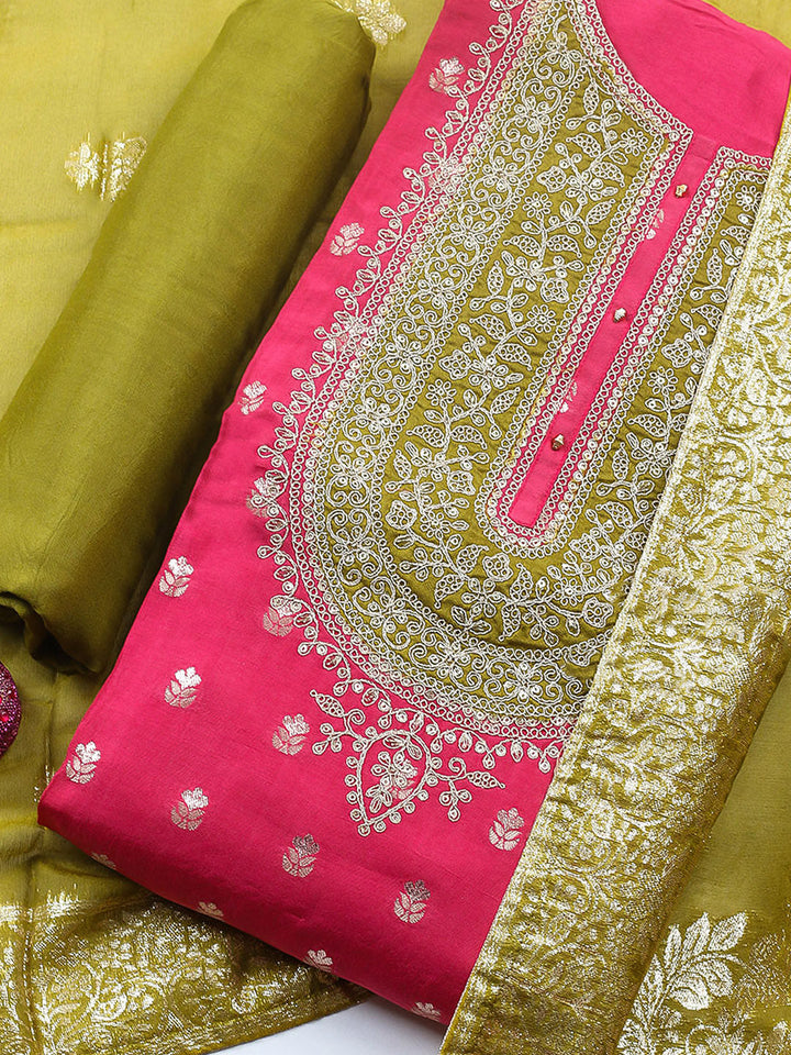 Embroidered Chanderi Unstitched Suit With Pant &amp; Dupatta