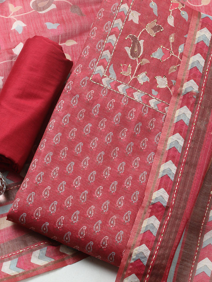 Embroidered Tissue Unstitched Suit With Pant &amp; Dupatta
