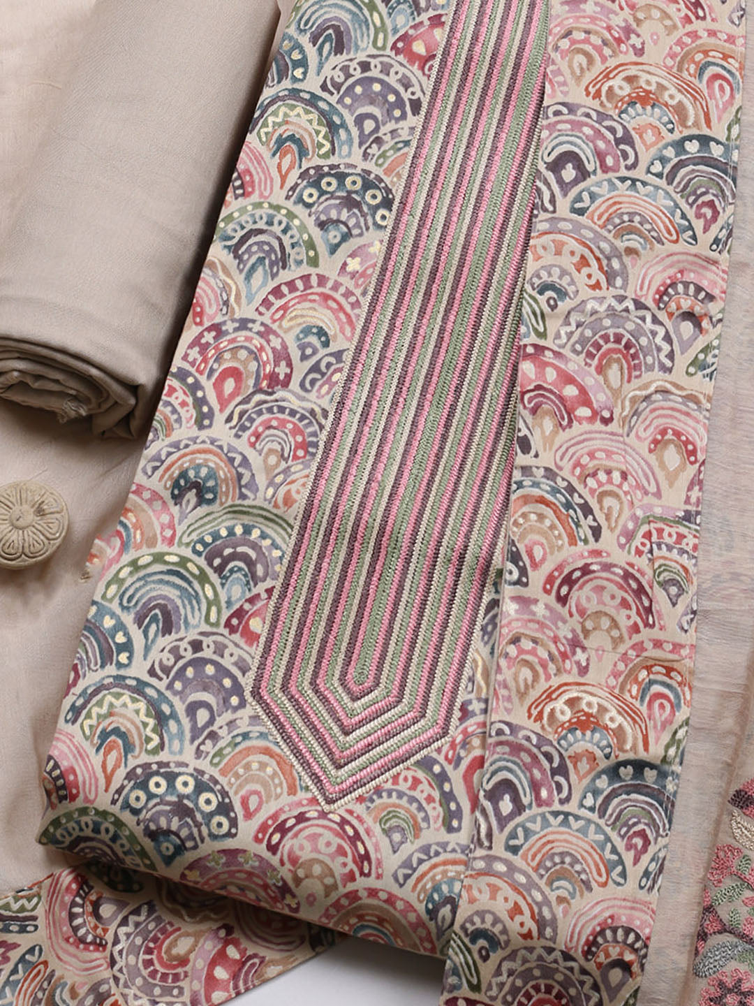 Embroidered Cotton Blend Unstitched Suit With Pant &amp; Dupatta