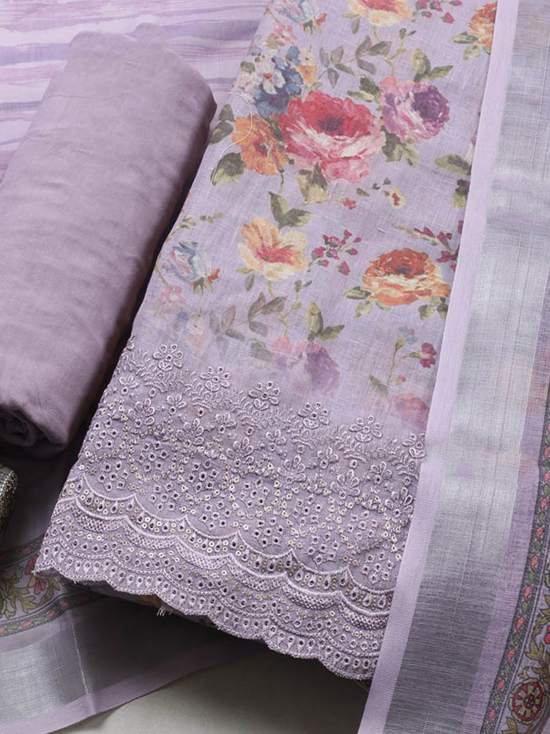 Embroidered Linen Blend Unstitched Suit With Pant &amp; Dupatta
