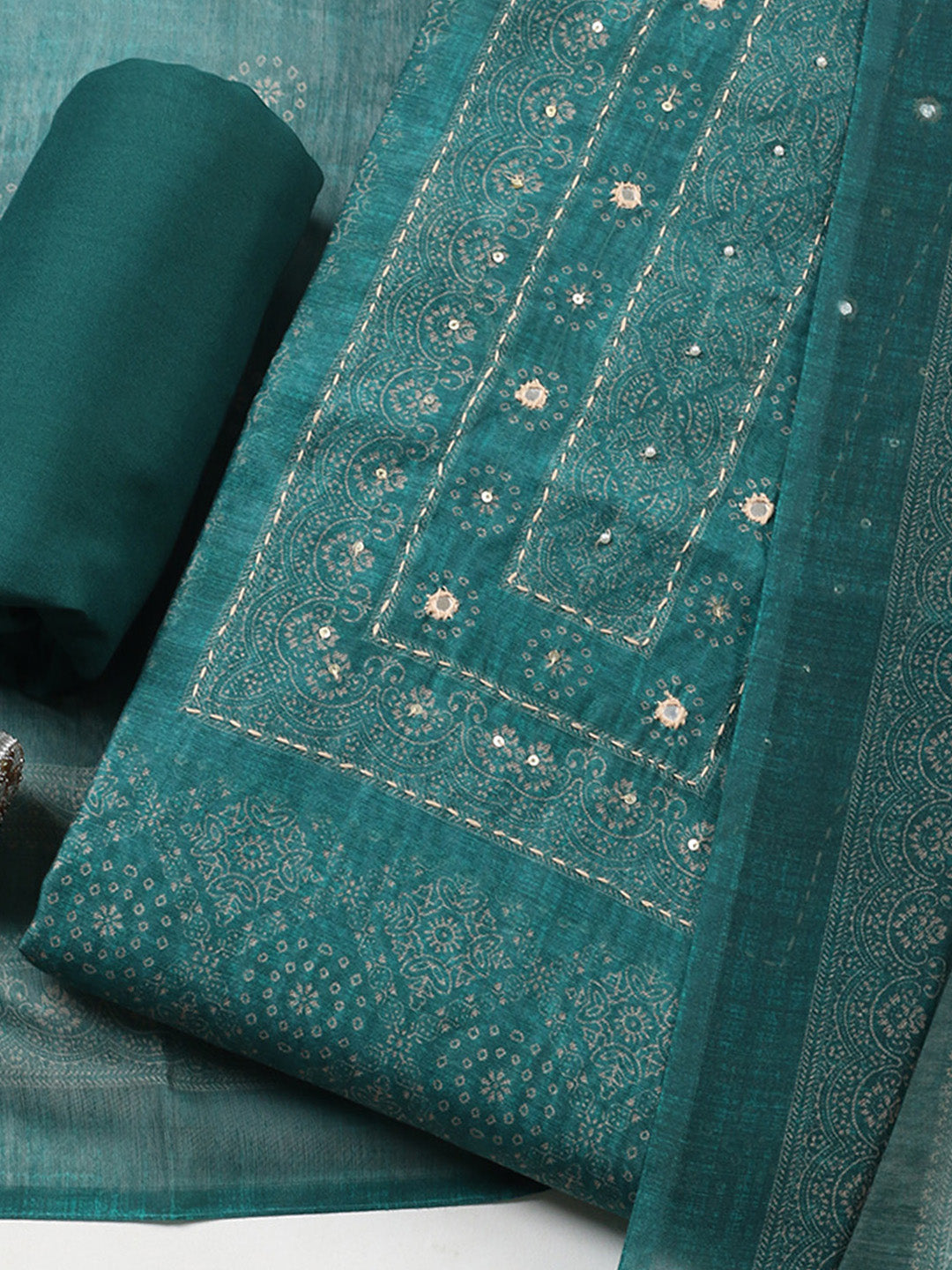 Embroidered Linen Blend Unstitched Suit With Pant &amp; Dupatta