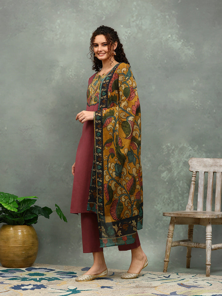 Printed Cotton Blend Kurta With Pants &amp; Dupatta