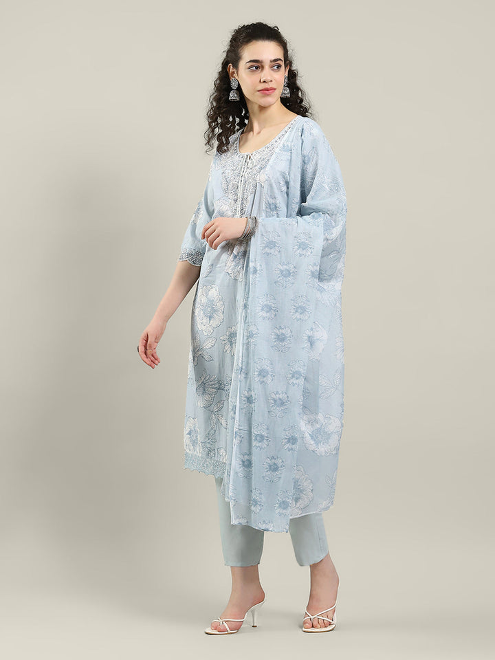 Printed Cotton Blend Kurta With Pants &amp; Dupatta