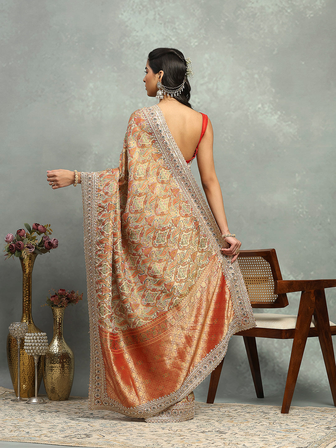 Printed &amp; Border Embroidered Crepe Saree