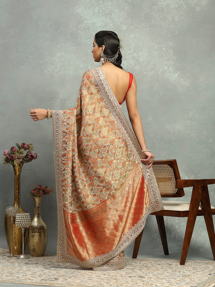 Printed &amp; Border Embroidered Crepe Saree