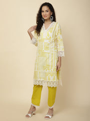 Printed & Panel Embroidery Cotton Kurta With Pants