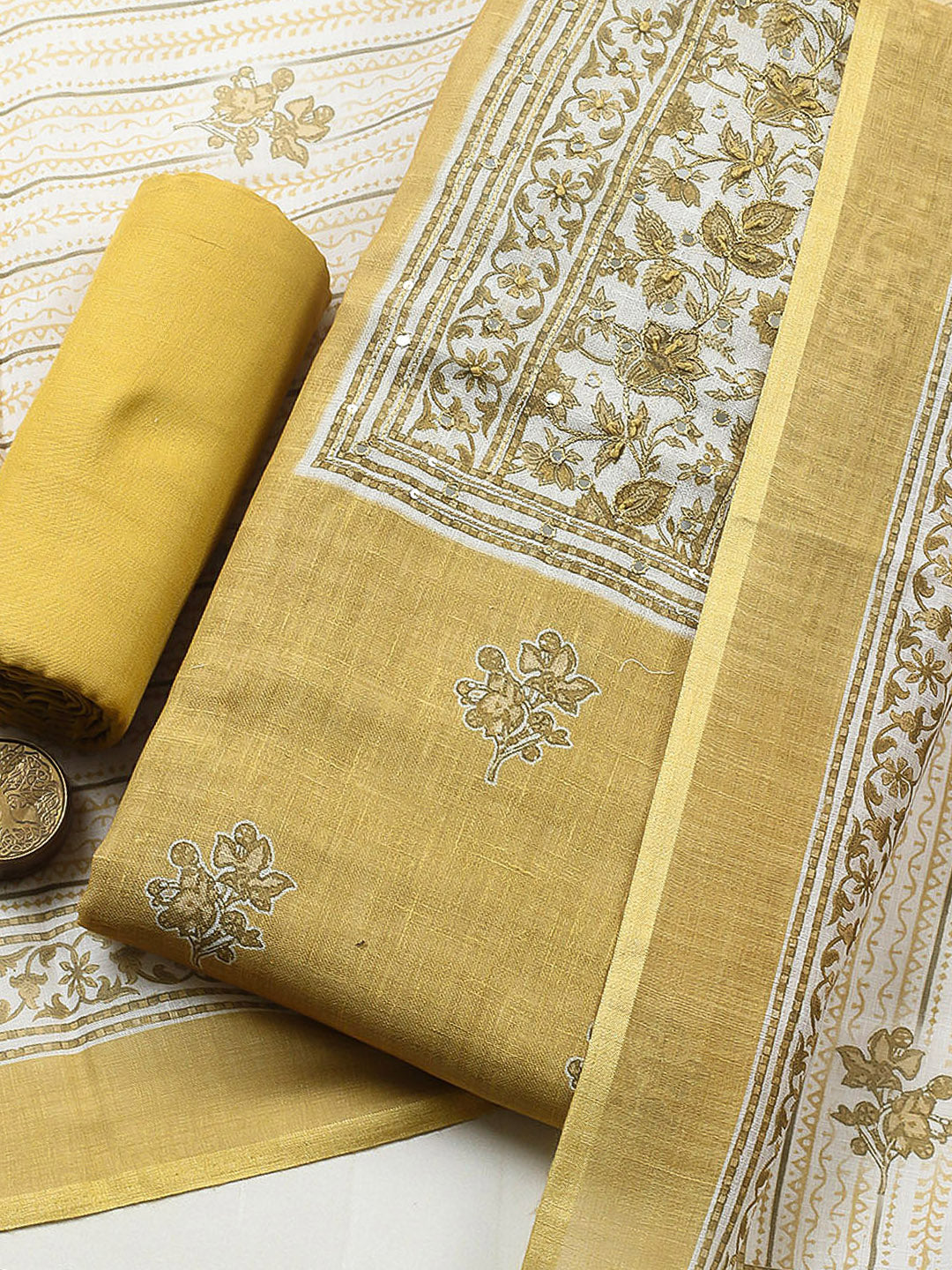 Embroidered Cotton Blend Unstitched Suit With Pant &amp; Dupatta