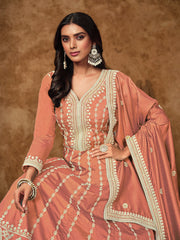 Embroidered Dola Silk Gown With Dupatta