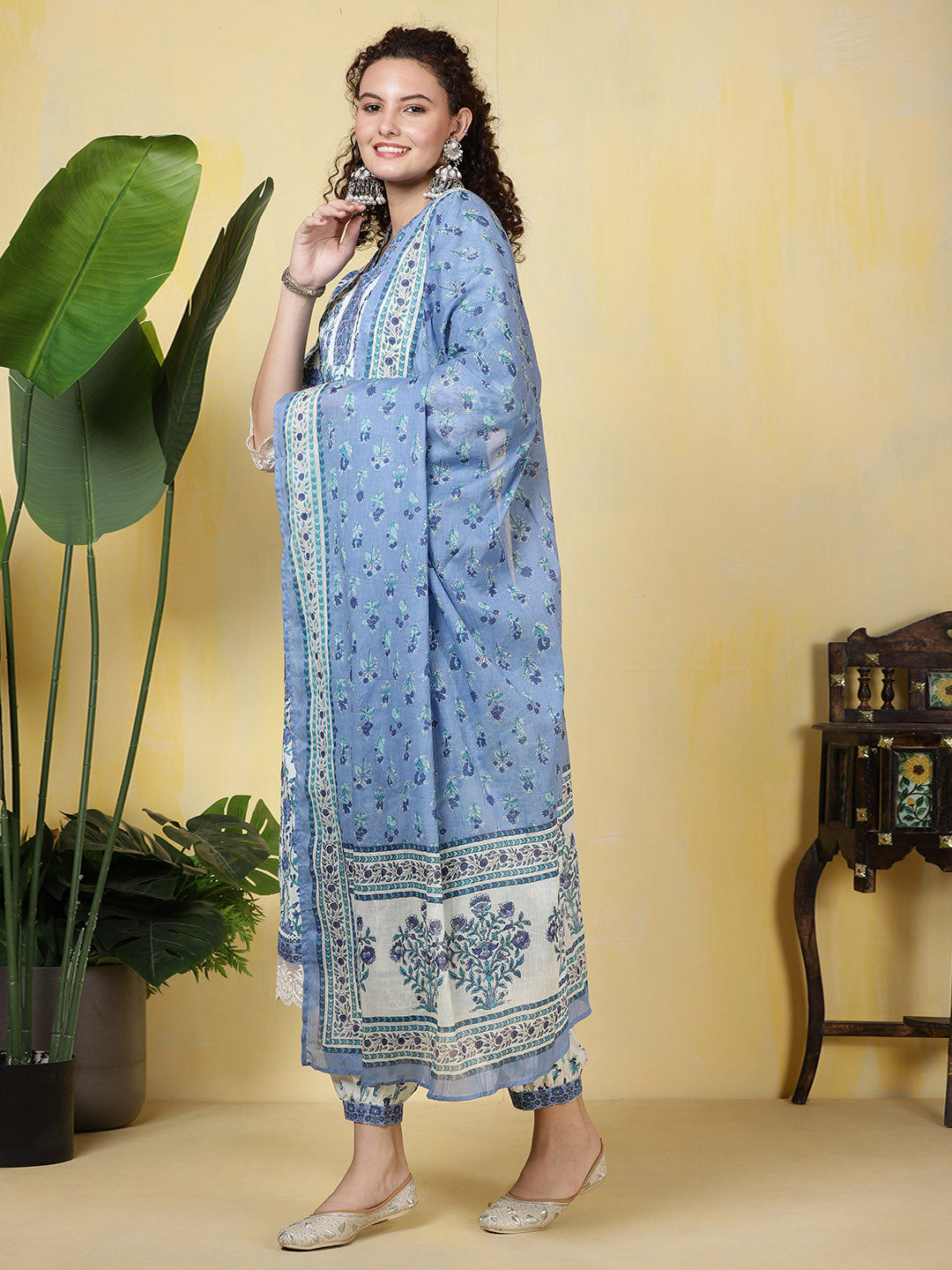 Printed Cotton Blend Kurta With Pants &amp; Dupatta