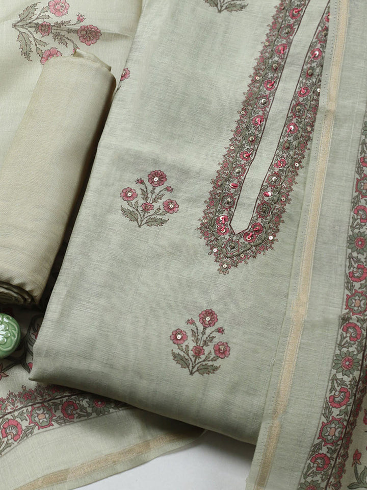 Embroidered Chanderi Unstitched Suit With Pant &amp; Dupatta