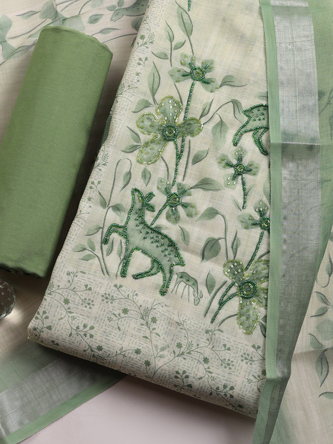 Printed Linen Blend Unstitched Suit With Pant &amp; Dupatta