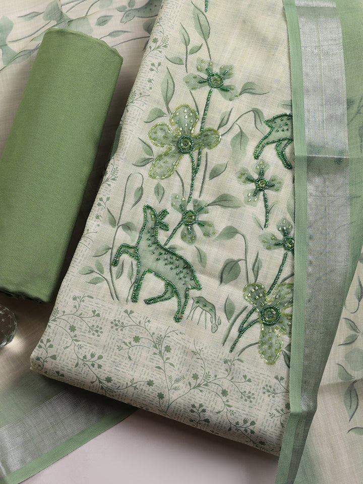 Printed Linen Blend Unstitched Suit With Pant &amp; Dupatta