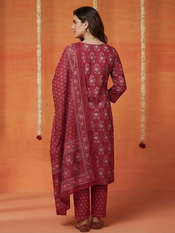 Printed Cotton Blend Kurta With Pant &amp; Dupatta