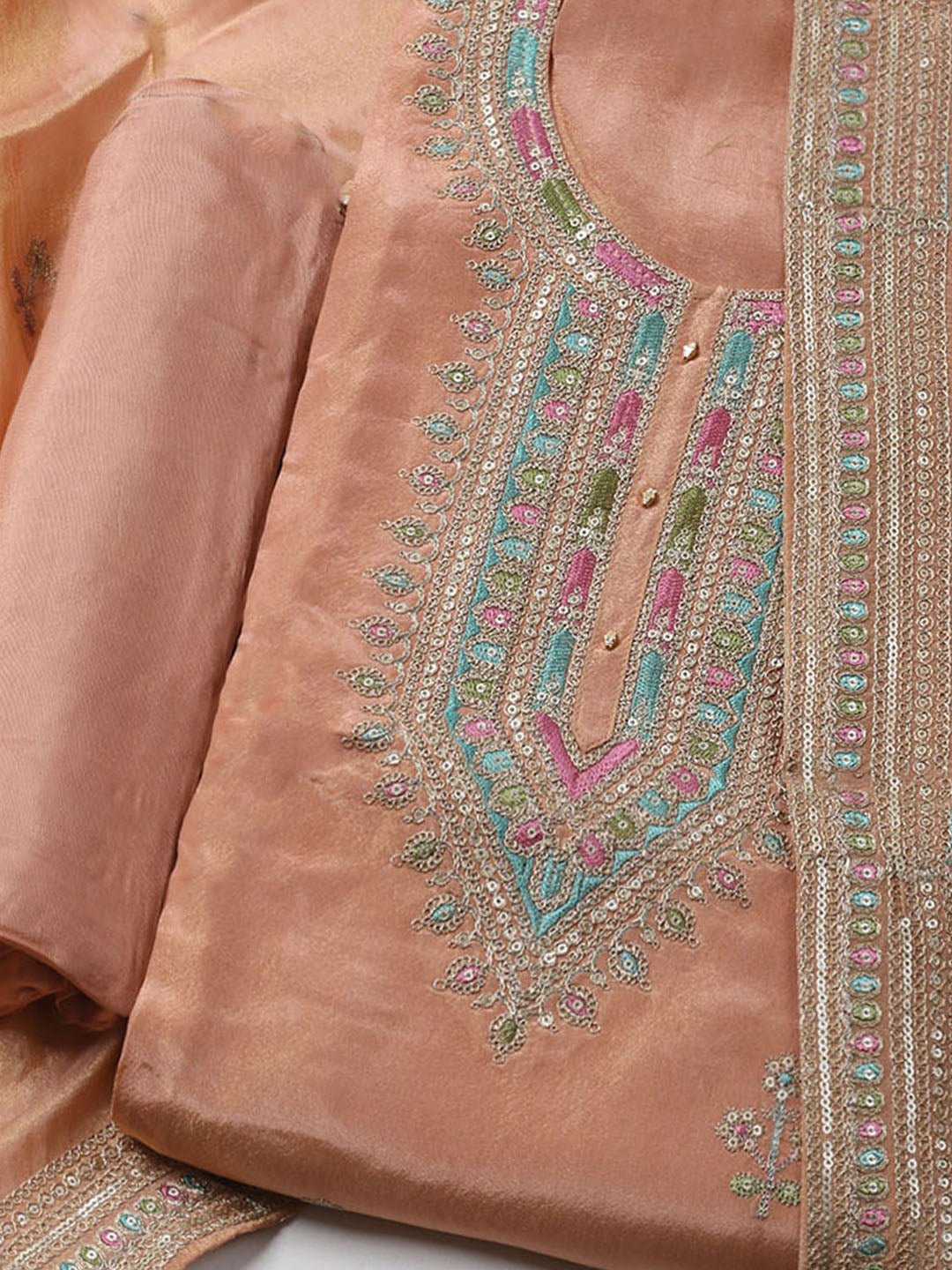 Embroidered Organza Unstitched Kurta With Pant &amp; Dupatta