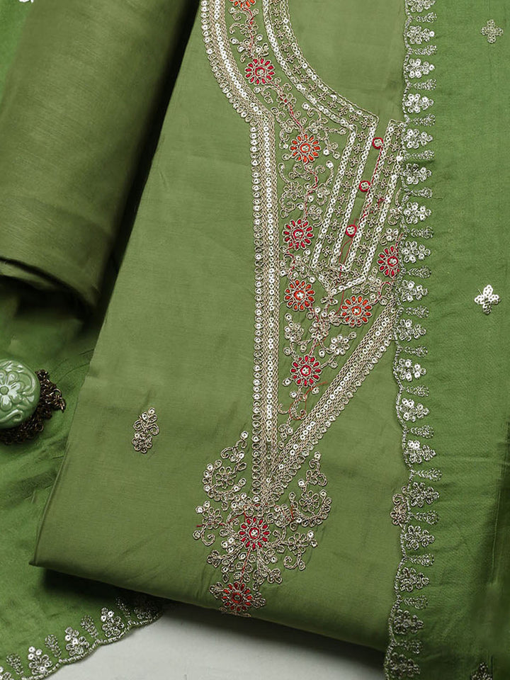 Embroidered Chanderi Unstitched Suit With Pant &amp; Dupatta