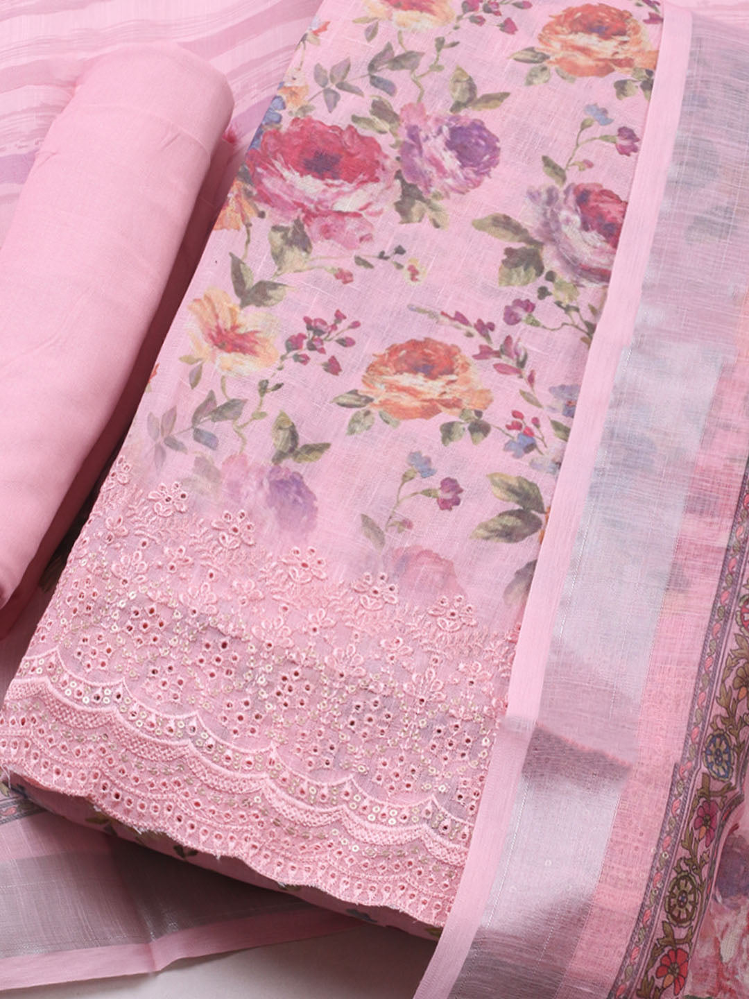 Embroidered Linen Blend Unstitched Suit With Pant &amp; Dupatta