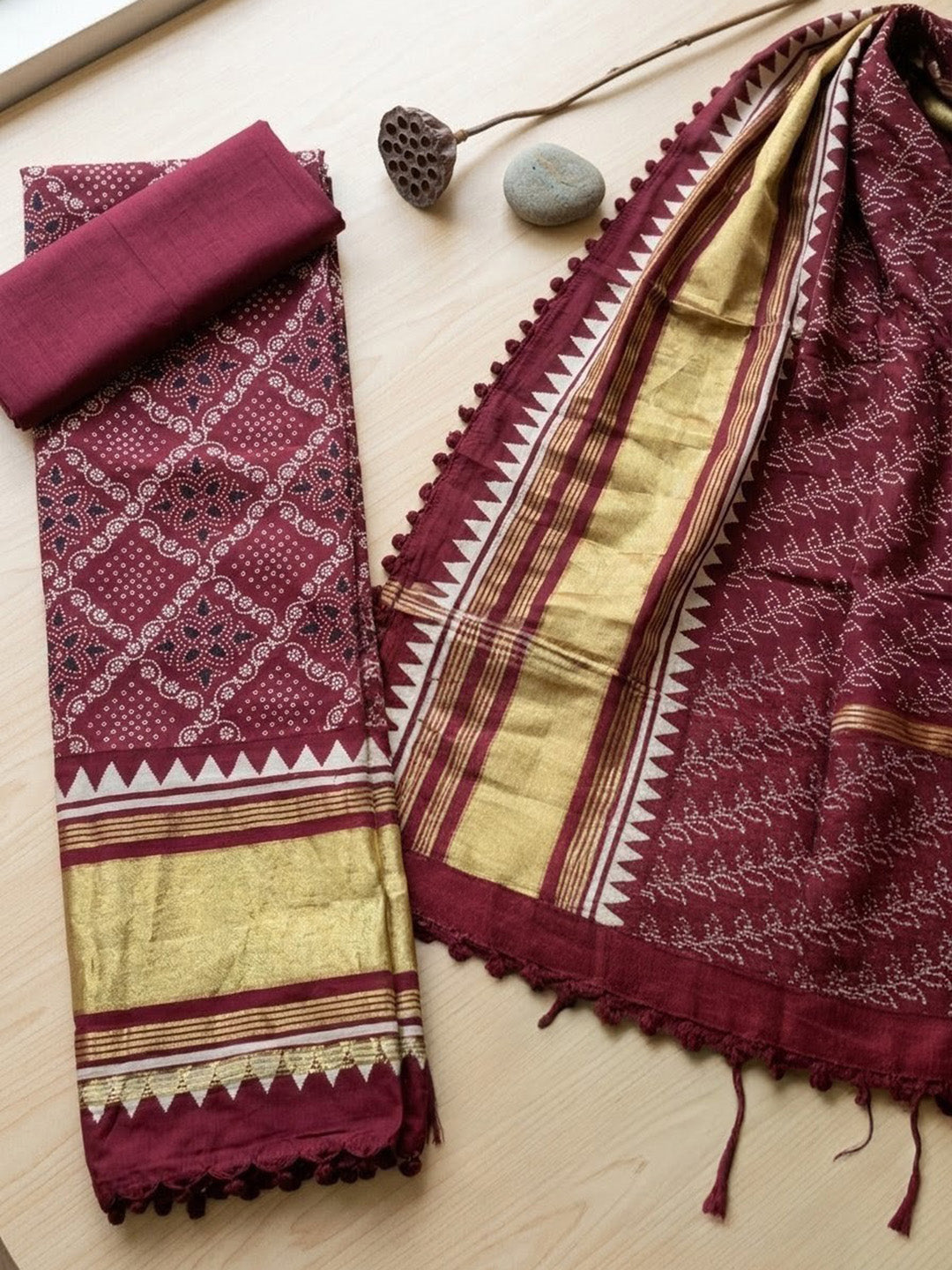 Embroidered Art Silk Unstitched Suit With Pant &amp; Dupatta