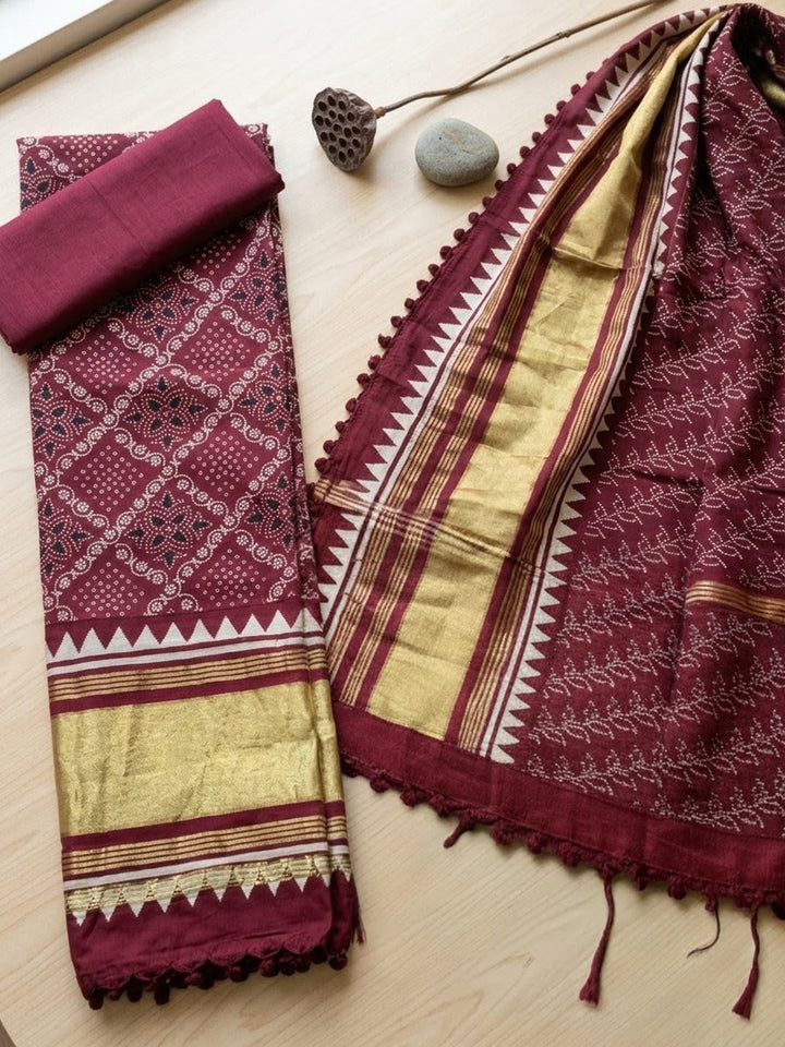 Embroidered Art Silk Unstitched Suit With Pant &amp; Dupatta