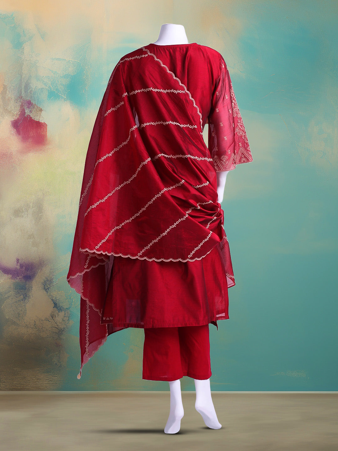 Embroidered Chanderi Kurta With Pant & Dupatta