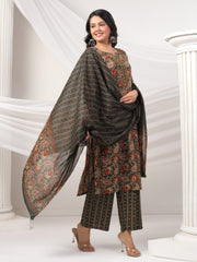 Printed Cotton Blend Kurta With Pants & Dupatta