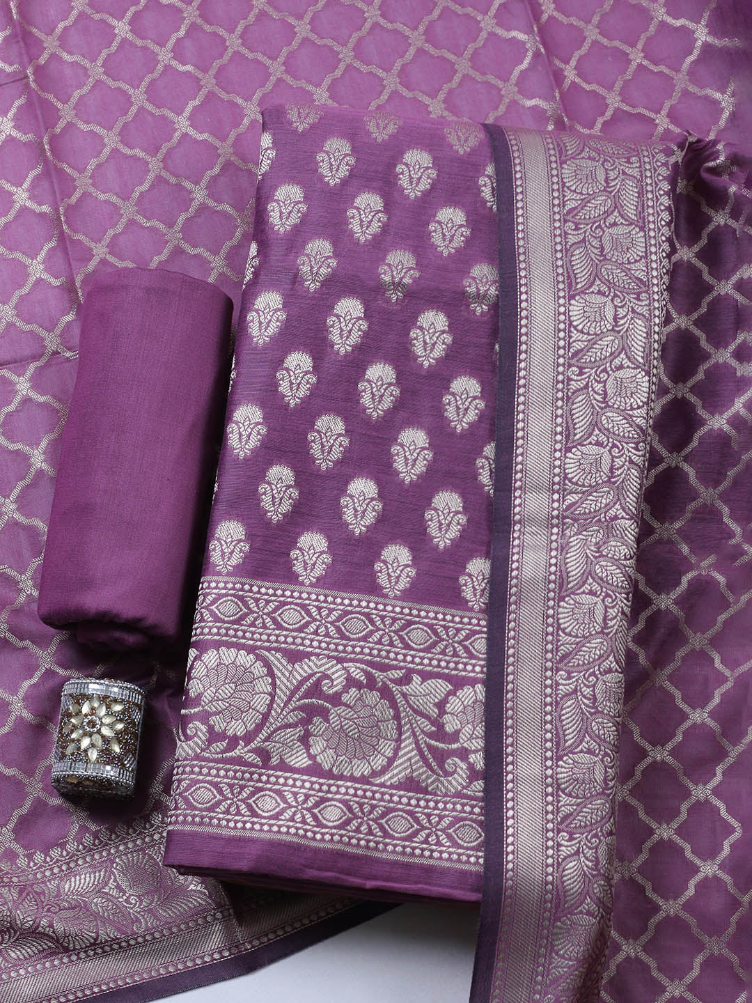 Banarasi Chanderi Unstitched Suit With Pant &amp; Dupatta