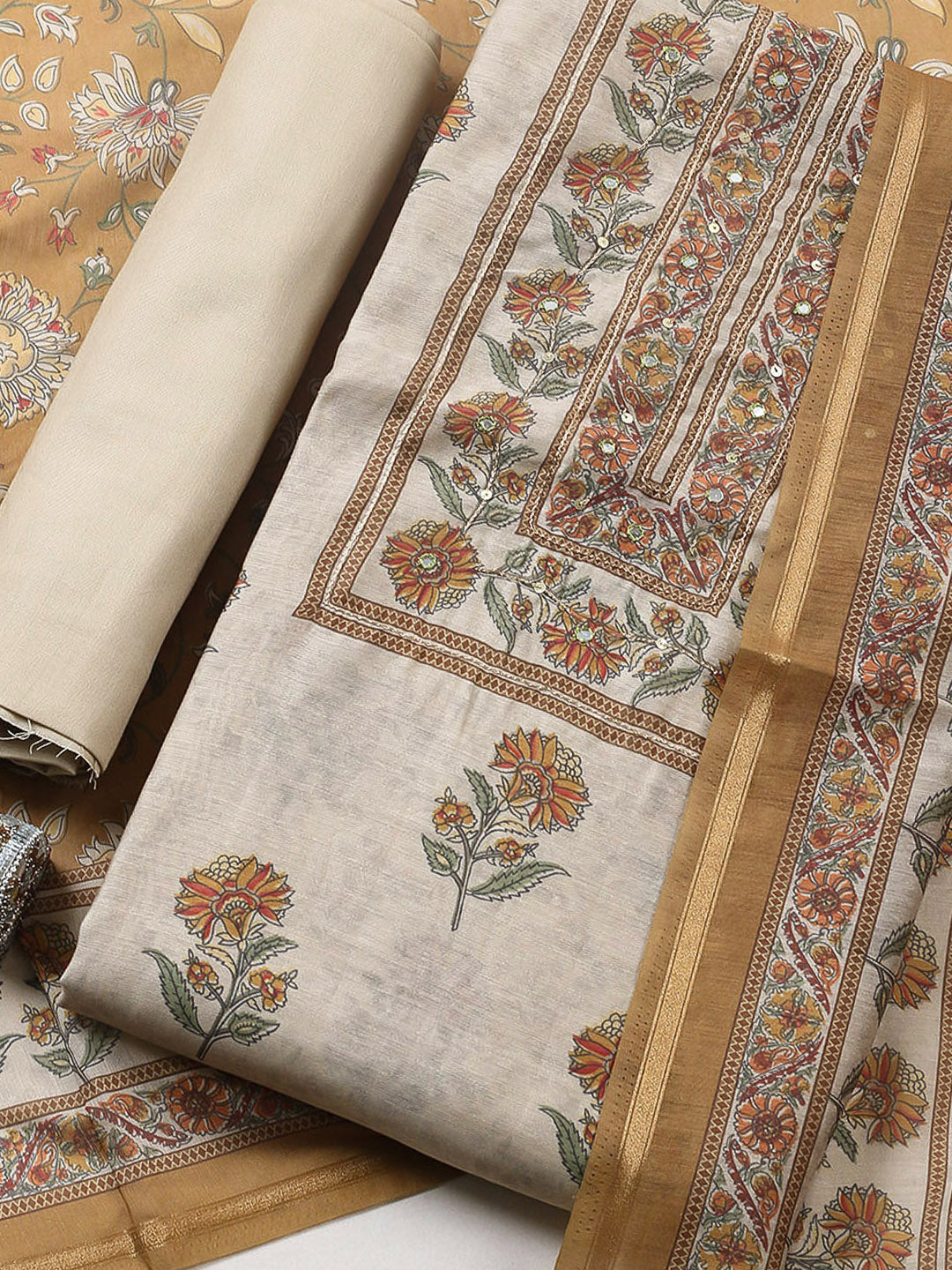 Printed Chanderi Unstitched Suit With Pant &amp; Dupatta